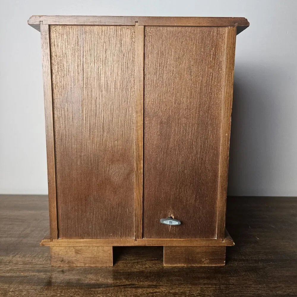 Vintage Musical Wooden Jewelry Armoire Box Gold Mesh Door Velvet Lined Necklace